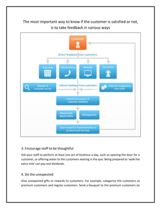 The most important way to know if the customer is satisfied or not,
is to take feedback in various ways
3. Encourage staff to be thoughtful
Ask your staff to perform at least one act of kindness a day, such as opening the door for a
customer, or offering water to the customers waiting in the que. Being prepared to 'walk the
extra mile' can pay real dividends.
4. Do the unexpected
Give unexpected gifts or rewards to customers. For example, categorize the customers as
premium customers and regular customers. Send a bouquet to the premium customers on
 