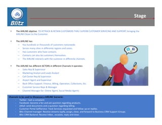 Stage

 •    The AIRLINE objetive: TO ATTRACK & RETAIN CUSTOMERS THRU SUPERB CUSTOMER SERVICING AND SUPPORT, bringing the
      AIRLINE Closer to the Customer.

 •    The AIRLINE has:
        – Has hundreds or thousands of customers nationwide.
        – Serves many cities in differente regions and zones.
        – Has customers who have contacts.
        – Contacts can also be customers themselves.
        – The AIRLINE interacts with the customer in differente channels.

 •    The AIRLINE has different ACTORS in different Channels it operates:
        – Sales Rep & Supervisor
        – Marketing Analyst and Leads Analyst
        – Call Center Rep & Supervisor
        – Airport Agent and Supervisor
        – Back Office Support: Finance, Billing, Operation, Collections, Etc.
        – Customer Service Reps & Manager
        – Channel Manager for: Online Agent, Social Media Agents

Channels to be used to Showcase a AIRLINE Scenario:
     - Twitter : twit a complaint
     - Facebook: become a fan and ask question regarding products.
     - eMail: send documents and a question regarding billing.
     - Customer Portal SelfService: Track Services requested and follow up on replies.
     - Blitz Channel manager: Receive streams typify, assign, close, and forward to Business CRM Support Groups.
     - Blitz CRM Backend: Receive InBox , escalate, reply and close.
 