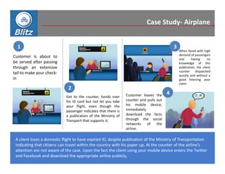Case Study- Airplane


  1                                                                                          3
                                                                                                 When faced with high
                                                                                                 demand of passengers
Customer is about to
                                                                                                 and      having      no
be served after passing                                                                          knowledge of this
through an extensive                                                                             publication, the client
                                                                                                 counter     dispatched
tail to make your check-
                                                                                                 quickly and without a
in                                                                                               good listening your
                                                                                                 claim.
                              2
                                                                 Customer leaves the     4
                             Get to the counter, hands over
                             his ID card but not let you take    counter and pulls out
                             your flight, even though the        his mobile device,
                             passenger indicates that there is   immediately
                             a publication of the Ministry of    download the facts
                             Transport that supports it.         through the social
                                                                 networks    of    the
                                                                 airline.

 A client loses a domestic flight to have expired ID, despite publication of the Ministry of Transportation
 indicating that citizens can travel within the country with his paper up. At the counter of the airline's
 attention are not aware of the case. Upon the fact the client using your mobile device enters the Twitter
 and Facebook and download the appropriate airline publicly.
 