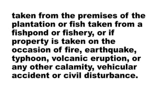 taken from the premises of the
plantation or fish taken from a
fishpond or fishery, or if
property is taken on the
occasion of fire, earthquake,
typhoon, volcanic eruption, or
any other calamity, vehicular
accident or civil disturbance.
 