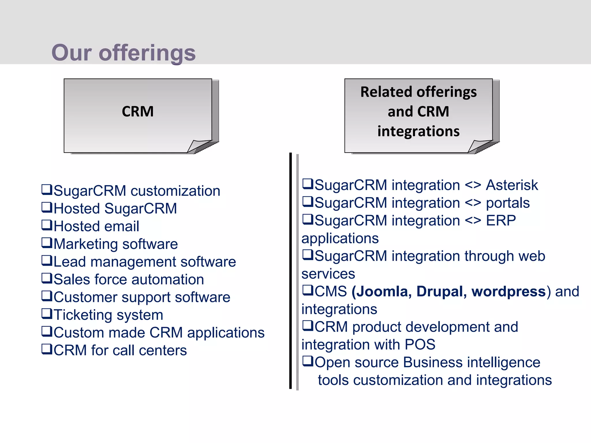 Our offerings CRM Related offerings and CRM integrations SugarCRM customization Hosted SugarCRM Hosted email Marketing software Lead management software Sales force automation Customer support software Ticketing system Custom made CRM applications CRM for call centers SugarCRM integration <> Asterisk SugarCRM integration <> portals SugarCRM integration <> ERP applications SugarCRM integration through web services CMS  (Joomla, Drupal, wordpress ) and integrations CRM product development and integration with POS Open source Business intelligence  tools customization and integrations  