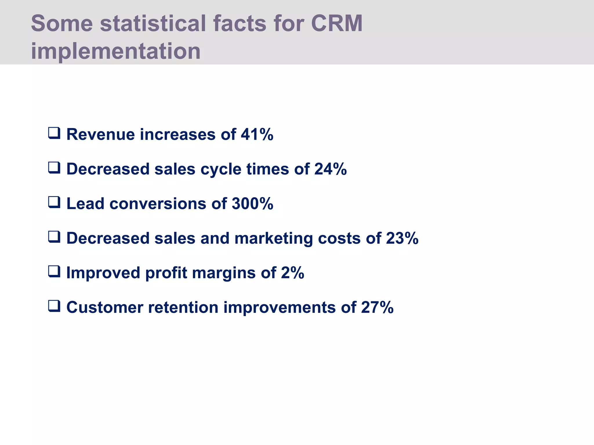 Some statistical facts for CRM implementation Revenue increases of 41% Decreased sales cycle times of 24% Lead conversions of 300% Decreased sales and marketing costs of 23% Improved profit margins of 2% Customer retention improvements of 27% 
