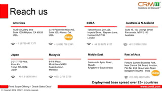 Fixed Scope Offering – Oracle Sales Cloud
© Copyright 2014 CRMIT. All rights reserved.
www.crmit.com
+91 (80) 4292 5555
Reach us
Americas
1525 McCarthy Blvd
Suite 1000,Milpitas, CA 95035
USA
3379 Peachtree Road NE,
Suite 555, Atlanta, GA
USA
Australia & N Zealand
Suite 19, 103 George Street
Parramatta, NSW 2150
Australia
Japan
2-21-7-703 Kiba,
Koto- Ku,
Tokyo 135-0042,
Japan
Malaysia
B-5-8 Plaza
Mont Kiara 50480
Kuala Lumpur,
Malaysia
+603 2726 2759+81 3 5809 8444
+1 (678) 447 1371 +1 (404) 736 2341 +61 2 9186 2550
Middle East
Fortune Summit Business Park,
Near Central Silk Board Junction,
Plot No: 244, Hosur Main Road,
Bangalore 560068. India
Salahuddin Ayubi Road ,
Riyadh,
Kingdom of Saudi Arabia
EMEA
Talbot House, 204-226,
Imperial Drive, Rayners Lane,
Harrow HA2 7HH
London
+ 44 20 8872 4127
Rest of Asia
Deployment base spread over 25+ countries
 