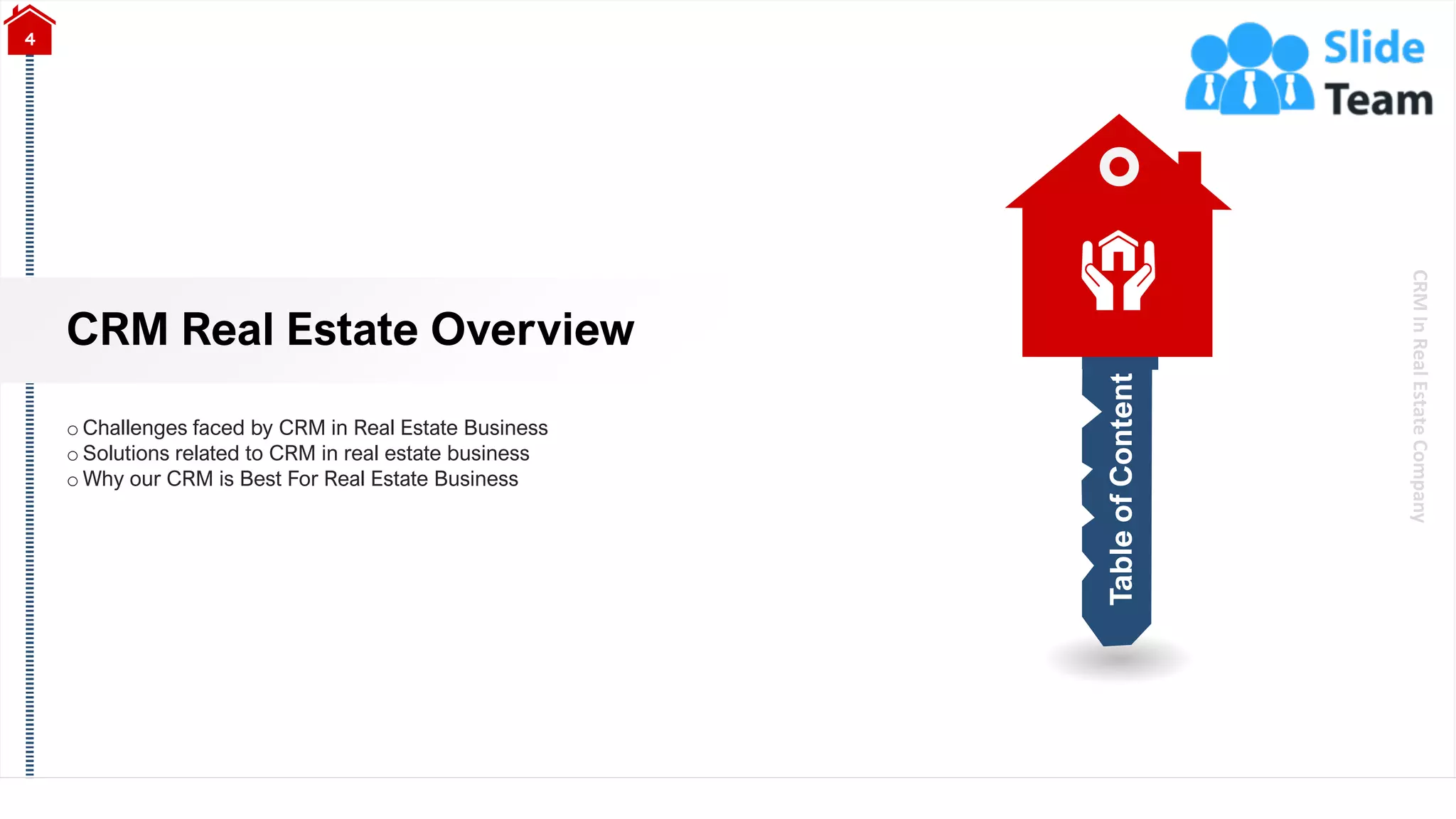 CRM
In
Real
Estate
Company
CRM Real Estate Overview
4
o Challenges faced by CRM in Real Estate Business
o Solutions related to CRM in real estate business
o Why our CRM is Best For Real Estate Business
Table
of
Content
 