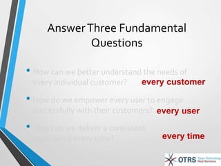 Answer Three Fundamental 
Questions 
• How can we better understand the needs of 
every individual customer? 
• How do we empower every user to engage 
successfully with their customers? 
• How can we deliver a consistent 
experience every time? 
every customer 
every user 
every time 
 