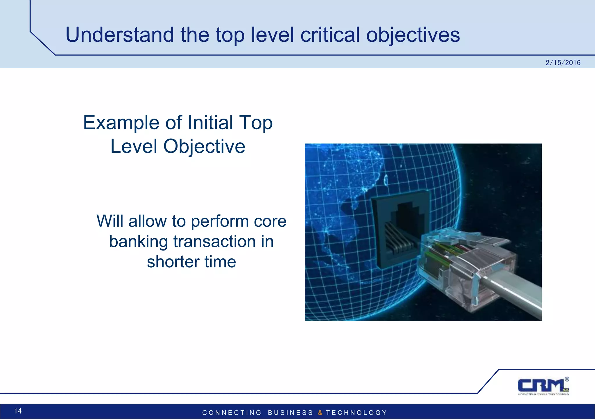 C O N N E C T I N G B U S I N E S S & T E C H N O L O G Y
Understand the top level critical objectives
Example of Initial Top
Level Objective
Will allow to perform core
banking transaction in
shorter time
2/15/2016
14
 