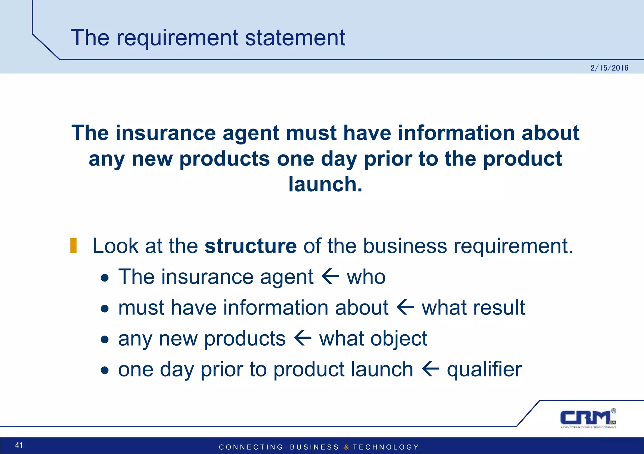 C O N N E C T I N G B U S I N E S S & T E C H N O L O G Y
The requirement statement
The insurance agent must have information about
any new products one day prior to the product
launch.
Look at the structure of the business requirement.
 The insurance agent  who
 must have information about  what result
 any new products  what object
 one day prior to product launch  qualifier
2/15/2016
41
 