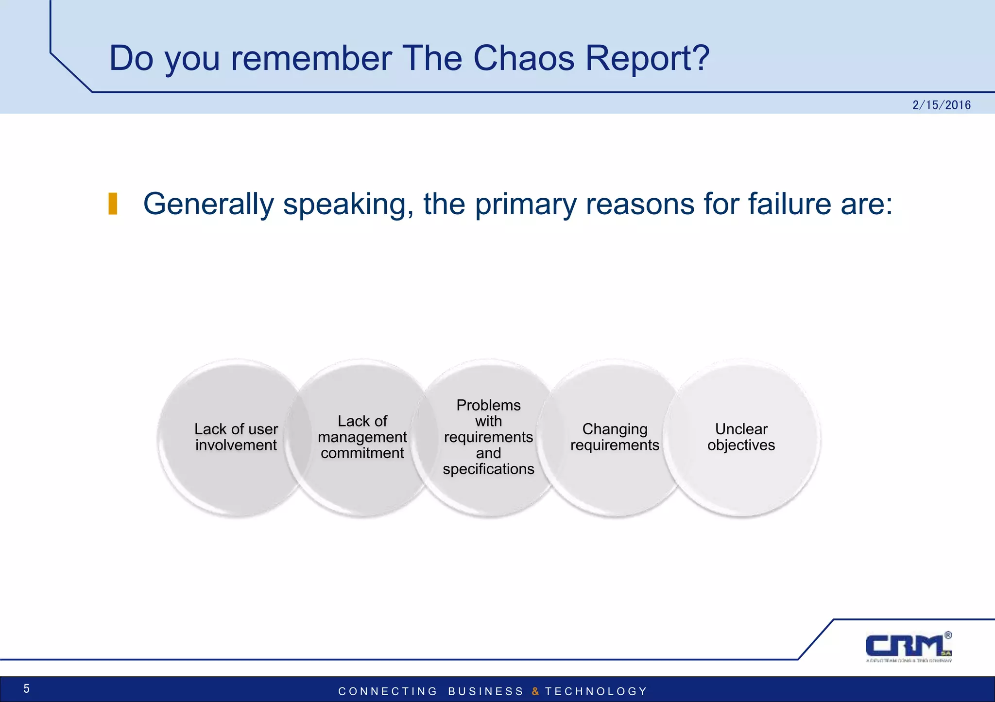 C O N N E C T I N G B U S I N E S S & T E C H N O L O G Y
Do you remember The Chaos Report?
2/15/2016
5
Generally speaking, the primary reasons for failure are:
Lack of user
involvement
Lack of
management
commitment
Problems
with
requirements
and
specifications
Changing
requirements
Unclear
objectives
 
