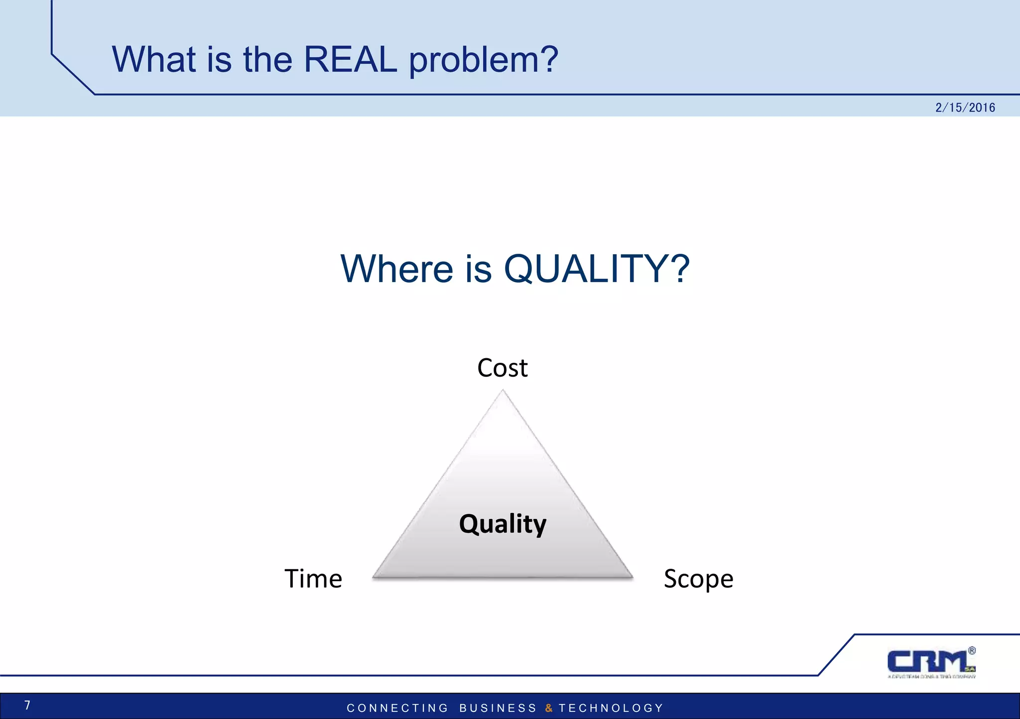 C O N N E C T I N G B U S I N E S S & T E C H N O L O G Y
What is the REAL problem?
Where is QUALITY?
2/15/2016
7
Cost
ScopeTime
Quality
 