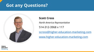 Scott Cross
North America Representative
514-312-3968 x 117
scross@higher-education-marketing.com
www.higher-education-mar...