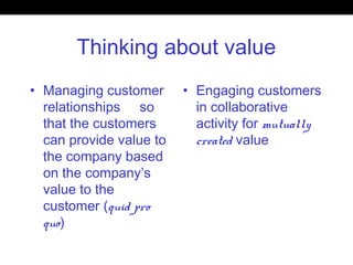 Thinking about value
• Managing customer
relationships so
that the customers
can provide value to
the company based
on the company’s
value to the
customer (quid pro
quo)
• Engaging customers
in collaborative
activity for mutually
created value
 