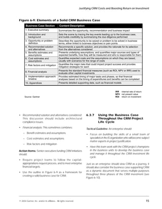 Justifying CRM Costs and Boosting Return on Investment



Figure 6-9: Elements of a Solid CRM Business Case
       Business Case Section                  Content Description
       1. Executive summary                   Summarizes the opportunity, recommendation and business impact
       2. Introduction and                    Sets the scene by tracing the key events leading up to the business case,
          background                          and builds credibility by summarizing the due diligence performed
       3. Opportunity or problem              Describes the opportunity to be seized or problem to be solved in business
          definition                          terms, either linked to business objectives or pain points
       4. Recommended solution                Recommends a specific solution, and provides the rationale for its selection
          and alternatives                    from the alternatives considered
       5. Benefits estimates and              Presents underlying assumptions, and quantifies major sources and types of
          assumptions                         expected benefits, how they will be measured and who is responsible for them
       6. Cost estimates and                  Quantifies expected costs and the assumptions on which they are based,
          assumptions                         usually with scenarios for the range of costs
       7. Risk factors and mitigation         Quantifies the major risks that could impact project success and provides
                                              mitigation strategies for each

       8. Financial analysis                  Presents the standard financial measures (such as ROI, NPV or IRR) used to
                                              evaluate other capital investments
       9. Implementation approach/            Provides estimated timing of major tasks and phases, so that financial
          timeline                            analyses based on the timing of expenditures and benefits can be completed
       10. Appendices                         Presents detailed supporting data, such as financial models


                                                                                                   IRR internal rate of return
                                                                                                   NPV net present value
      Source: Gartner                                                                              ROI return on investment




• Recommended solution and alternatives considered:                     6.3.7      Using the Business Case
  This discussion should include architectural                                     Throughout the CRM Project
  compliance issues.                                                               Life Cycle
• Financial analysis: This sometimes combines:
                                                                        Tactical Guideline: An enterprise should:
    – Benefit estimates and assumptions
                                                                        • Focus on building the skills of a small team of
    – Cost estimates and assumptions                                      specialists in the IS organization who will become subject
                                                                          matter experts in project justification.
    – Risk factors and mitigation
                                                                        • Have this team work with the CRM project champions
Action Items: Senior executives funding CRM initiatives                   in the business units to develop the business case
should:                                                                   and manage it throughout the CRM investment life
                                                                          cycle.
• Require project teams to follow the capital-
  appropriations request process, and to meet enterprise                Just as an enterprise should view CRM as a journey, it
  financial targets.                                                    should also consider the business case supporting CRM
                                                                        as a dynamic document that serves multiple purposes
• Use the outline in Figure 6-9 as a framework for
                                                                        throughout three phases of the CRM investment (see
  creating a solid business case for CRM.
                                                                        Figure 6-10).




© 2004 Gartner, Inc. and/or its affiliates. All rights reserved.                                                                 15
 