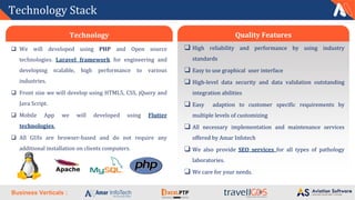 Business Verticals :
Technology Stack
❑ High reliability and performance by using industry
standards
❑ Easy to use graphical user interface
❑ High-level data security and data validation outstanding
integration abilities
❑ Easy adaption to customer specific requirements by
multiple levels of customizing
❑ All necessary implementation and maintenance services
offered by Amar Infotech
❑ We also provide SEO services for all types of pathology
laboratories.
❑ We care for your needs.
❑ We will developed using PHP and Open source
technologies. Laravel framework for engineering and
developing scalable, high performance to various
industries.
❑ Front size we will develop using HTML5, CSS, jQuery and
Java Script.
❑ Mobile App we will developed using Flutter
technologies.
❑ All GUIs are browser-based and do not require any
additional installation on clients computers.
Technology Quality Features
 