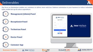 Business Verticals :
Deliverables
Our focus on Automation enables our customers to deliver more with less. Embrace automation in your business to reduce redundant
tasks, enable fast ops & reduce expenditure.
Management (Admin) Panel
1
Receptionist Panel
2
Technician Panel
3
Doctor Panel
4
Customer App
5
 