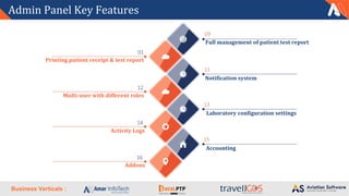 Business Verticals :
Admin Panel Key Features
Full management of patient test report
Printing patient receipt & test report
Accounting
Notification system
Laboratory configuration settings
Multi-user with different roles
Activity Logs
Addons
09
11
13
15
01
12
14
16
 