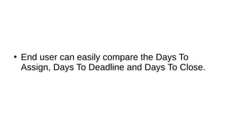 ●
End user can easily compare the Days To
Assign, Days To Deadline and Days To Close.
 