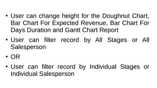 ●
User can change height for the Doughnut Chart,
Bar Chart For Expected Revenue, Bar Chart For
Days Duration and Gantt Chart Report
●
User can filter record by All Stages or All
Salesperson
●
OR
●
User can filter record by Individual Stages or
Individual Salesperson
 