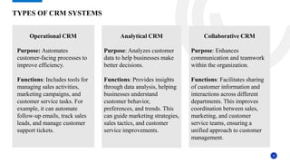 4
TYPES OF CRM SYSTEMS
Operational CRM
Purpose: Automates
customer-facing processes to
improve efficiency.
Functions: Includes tools for
managing sales activities,
marketing campaigns, and
customer service tasks. For
example, it can automate
follow-up emails, track sales
leads, and manage customer
support tickets.
Analytical CRM
Purpose: Analyzes customer
data to help businesses make
better decisions.
Functions: Provides insights
through data analysis, helping
businesses understand
customer behavior,
preferences, and trends. This
can guide marketing strategies,
sales tactics, and customer
service improvements.
Collaborative CRM
Purpose: Enhances
communication and teamwork
within the organization.
Functions: Facilitates sharing
of customer information and
interactions across different
departments. This improves
coordination between sales,
marketing, and customer
service teams, ensuring a
unified approach to customer
management.
 