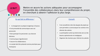 LE BUT Mettre en œuvre les actions adéquates pour accompagner
l’ensemble des collaborateurs dans leur compréhension du projet,
en cherchant à obtenir l’adhésion la plus large.
Ce qui fait la différence: Conseil::
• le changement se prépare longtemps à l’avance.
• Il est primordial de communiquer avec vos
personnels
• faire participer les personnels aux choix de
décisions
• Communiquez régulièrement
• rassurer les collaborateurs.
• Le projet doit être présenté comme prioritaire pour
l’entreprise
• Il est conseillé de créer des équipes de projet qui
vont permettre a communiquer les craintes et les
attentes des salaries
• La participation active qui donne des avis sur des
besoins opérationnels et stratégiques
• Organiser des réunions pour informer les salariés
 