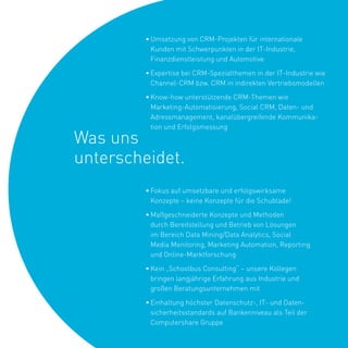 •	Umsetzung	von	CRM-Projekten	für	internationale		
           Kunden	mit	Schwerpunkten	in	der	IT-Industrie,		
           Finanzdienstleistung	und	Automotive

         •	Expertise	bei	CRM-Spezialthemen	in	der	IT-Industrie	wie	
           Channel-CRM	bzw.	CRM	in	indirekten	Vertriebsmodellen	

         •	Know-how	unterstützende	CRM-Themen	wie		
           Marketing-Automatisierung,	Social	CRM,	Daten-	und	
           Adressmanagement,	kanalübergreifende	Kommunika-
           tion	und	Erfolgsmessung	

Was	uns		  	
           	

unterscheidet.	
           	
           	


         •	Fokus	auf	umsetzbare	und	erfolgswirksame		
           Konzepte	–	keine	Konzepte	für	die	Schublade!

         •	Maßgeschneiderte	Konzepte	und	Methoden		
           durch	Bereitstellung	und	Betrieb	von	Lösungen		
           im	Bereich	Data	Mining/Data	Analytics,	Social		
           Media	Monitoring,	Marketing	Automation,	Reporting		
           und	Online-Marktforschung	

         •	Kein	„Schoolbus	Consulting“	–	unsere	Kollegen		
           bringen	langjährige	Erfahrung	aus	Industrie	und		
           großen	Beratungsunternehmen	mit

         •	Einhaltung	höchster	Datenschutz-,	IT-	und	Daten-
           sicherheitsstandards	auf	Bankenniveau	als	Teil	der		
           Computershare	Gruppe
 