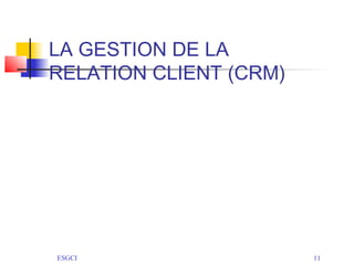 LA GESTION DE LA
RELATION CLIENT (CRM)




ESGCI                   11
 