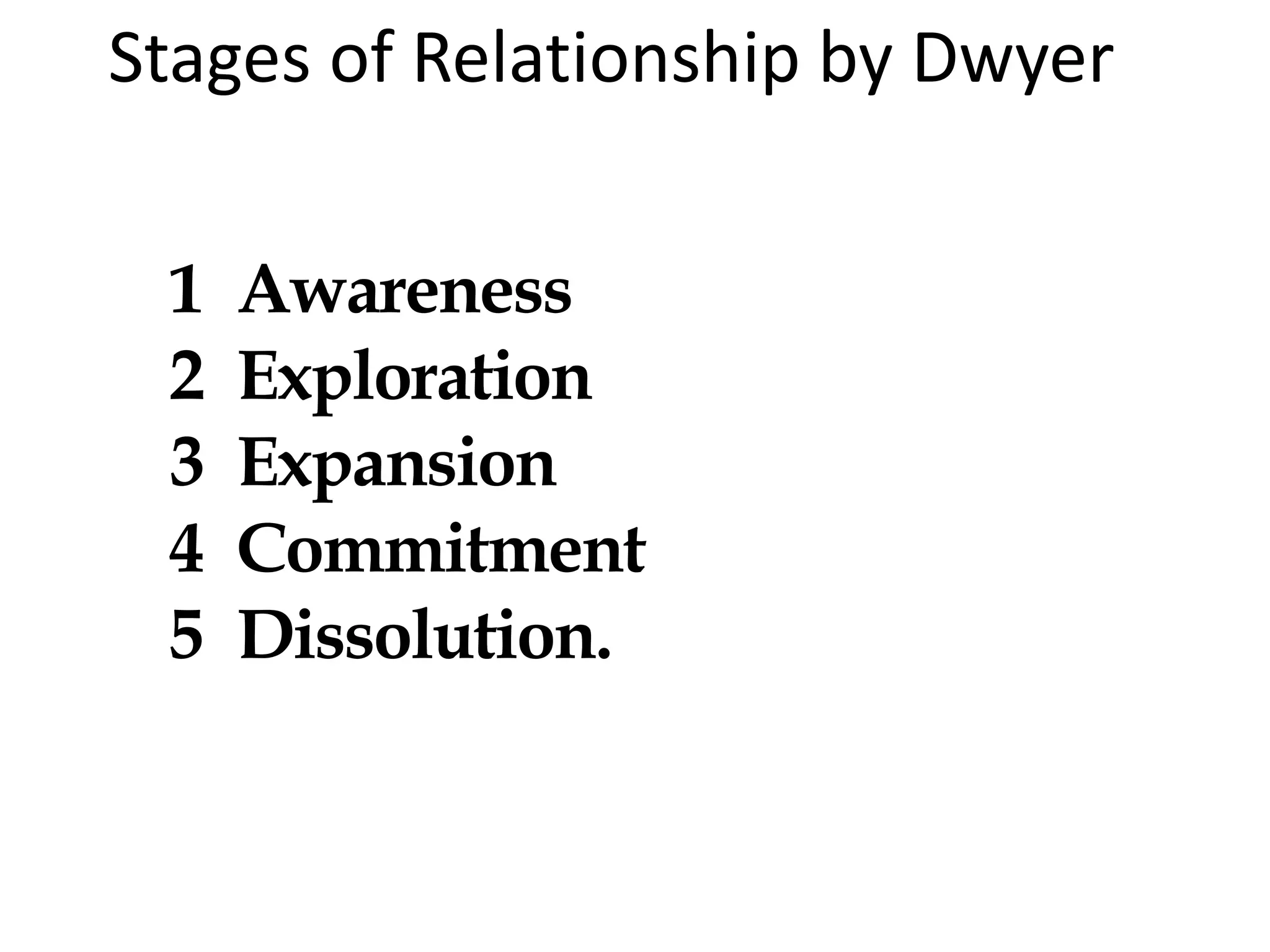 Stages of Relationship by Dwyer
1 Awareness
2 Exploration
3 Expansion
4 Commitment
5 Dissolution.
 