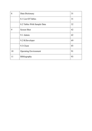 8

Data Dictionary

31

8.1 List Of Tables

31

8.2 Tables With Sample Data

32

Screen Shot

42

9.1 Admin

42

9.2 B.Developer

69

9.3 Client

85

10

Operating Environment

91

11

Bibliography

93

9

 