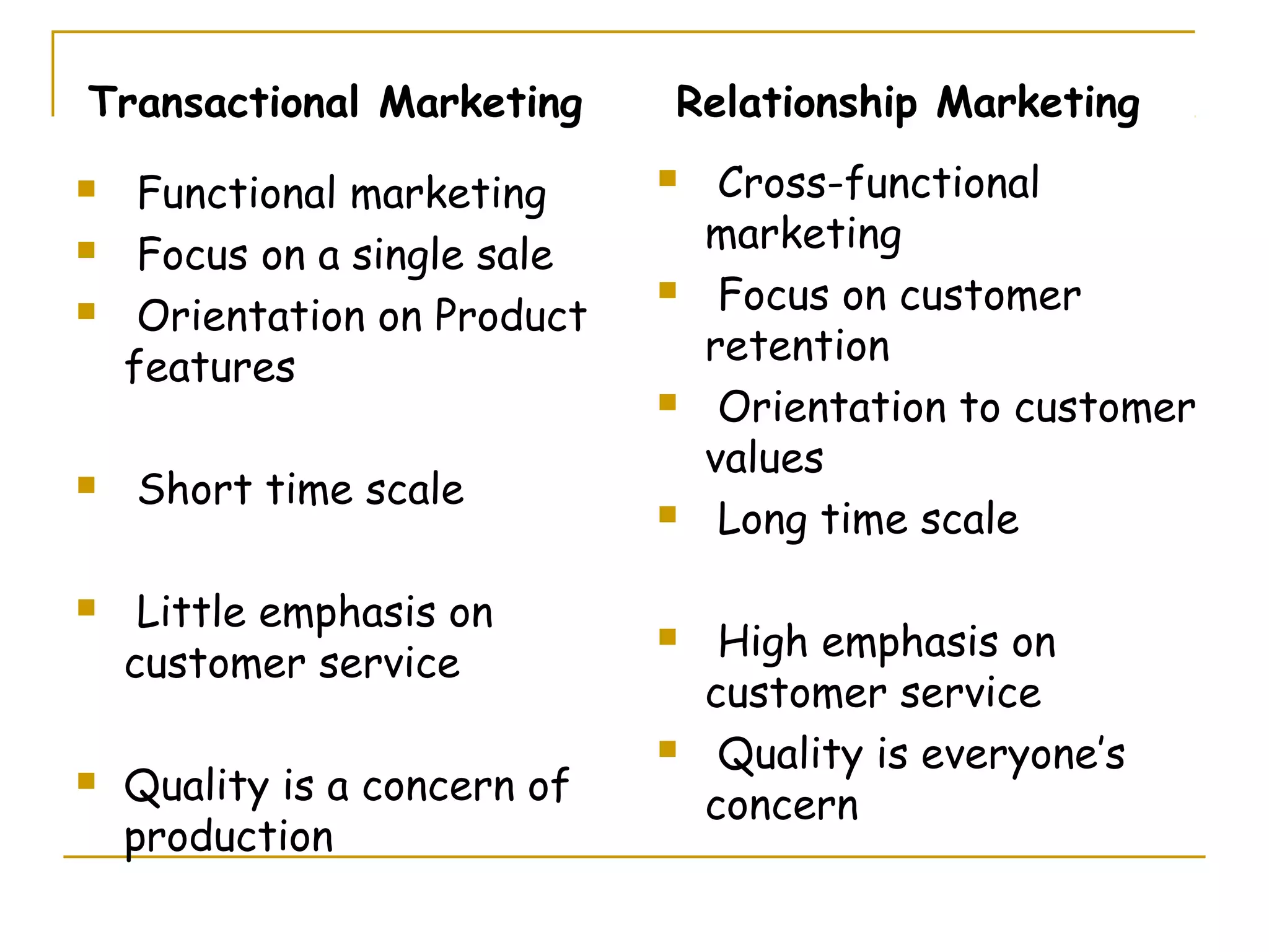 Transactional Marketing       Relationship Marketing
    Functional marketing         Cross-functional
                                  marketing
    Focus on a single sale
                                  Focus on customer
    Orientation on Product
                                  retention
    features
                                  Orientation to customer
                                  values
   Short time scale              Long time scale
    Little emphasis on           High emphasis on
    customer service
                                  customer service
                                  Quality is everyone’s
   Quality is a concern of       concern
    production
 