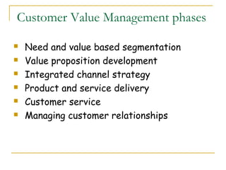 Customer Value Management phases

   Need and value based segmentation
   Value proposition development
   Integrated channel strategy
   Product and service delivery
   Customer service
   Managing customer relationships
 