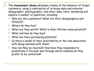    The Assessment phase develops a model of the behavior of target
    customers, using a combination of in-house data and external
    demographic, psychographic, and other data. Here, marketing will
    explore a number of questions, including:
     Who are the customers? What are their demographics and

       lifestyle?
     Where do they live?

     What are they worth? What is their lifetime value potential?

     What and how do they buy?

     What are their purchasing patterns?

     Is there a model of their profitability or the risk associated

       with doing business with them?
     How can they be reached? How have they responded to

       promotions in the past and through which channels do they
       prefer to be contacted?
 