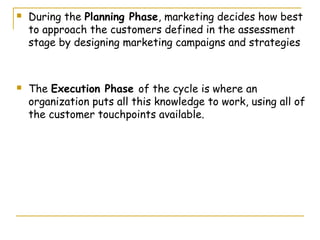    During the Planning Phase, marketing decides how best
    to approach the customers defined in the assessment
    stage by designing marketing campaigns and strategies



   The Execution Phase of the cycle is where an
    organization puts all this knowledge to work, using all of
    the customer touchpoints available.
 