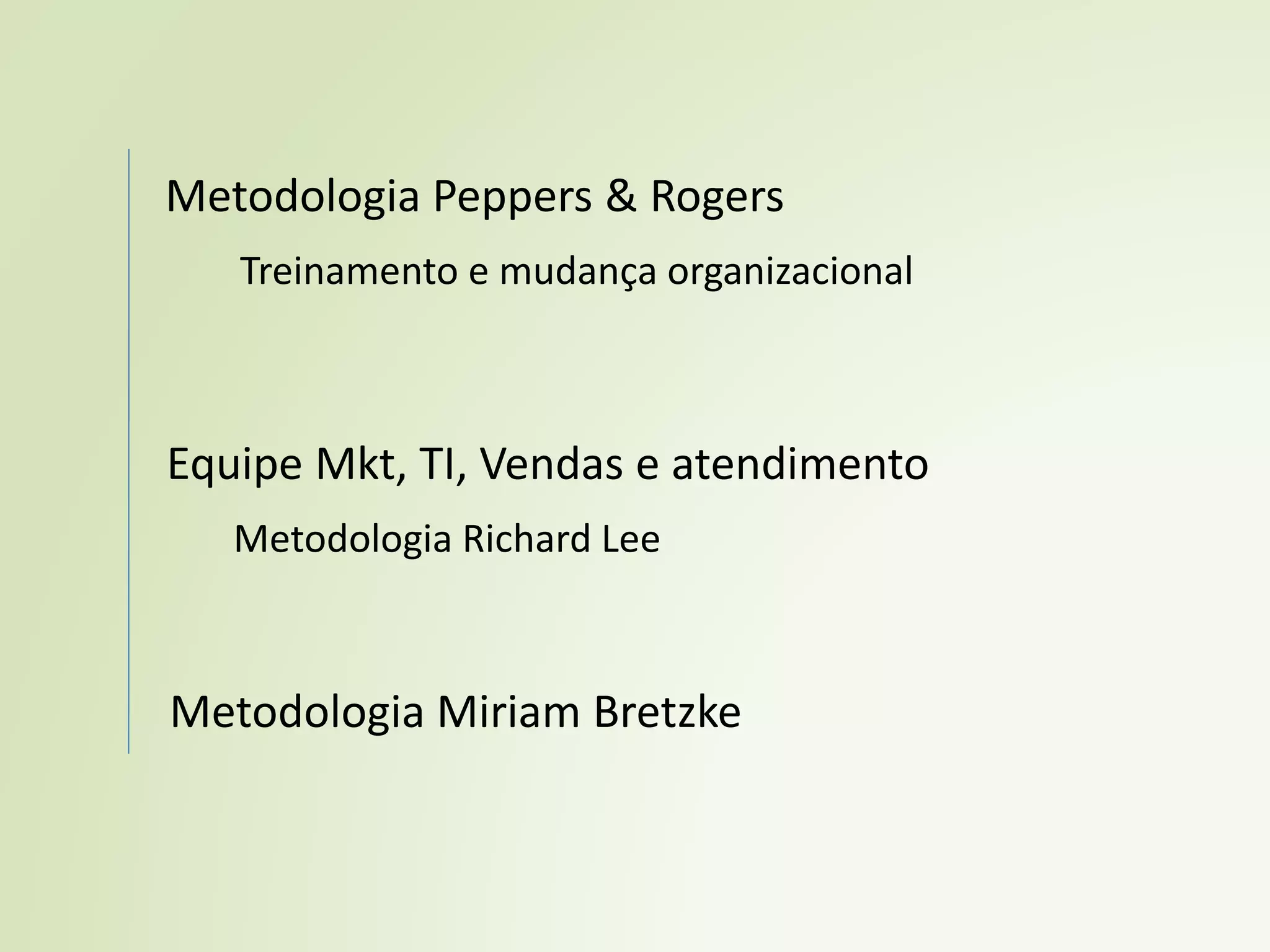 Metodologia Peppers & Rogers
Treinamento e mudança organizacional
Metodologia Richard Lee
Equipe Mkt, TI, Vendas e atendimento
Metodologia Miriam Bretzke
 