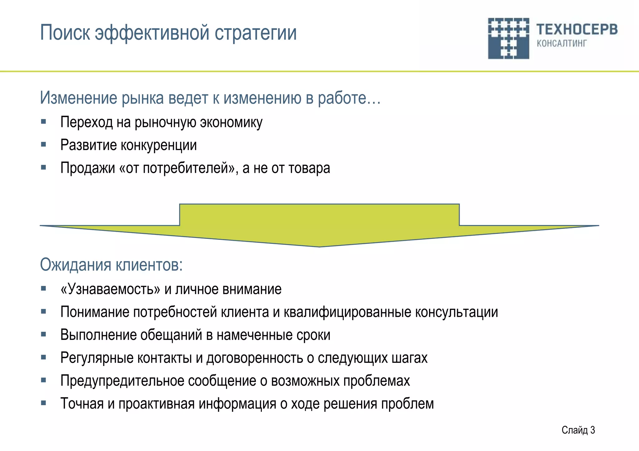 Поиск эффективной стратегии

Изменение рынка ведет к изменению в работе…
 Переход на рыночную экономику
 Развитие конкуренции
 Продажи «от потребителей», а не от товара




Ожидания клиентов:
   «Узнаваемость» и личное внимание
   Понимание потребностей клиента и квалифицированные консультации
   Выполнение обещаний в намеченные сроки
   Регулярные контакты и договоренность о следующих шагах
   Предупредительное сообщение о возможных проблемах
   Точная и проактивная информация о ходе решения проблем
                                                                      Слайд 3
 
