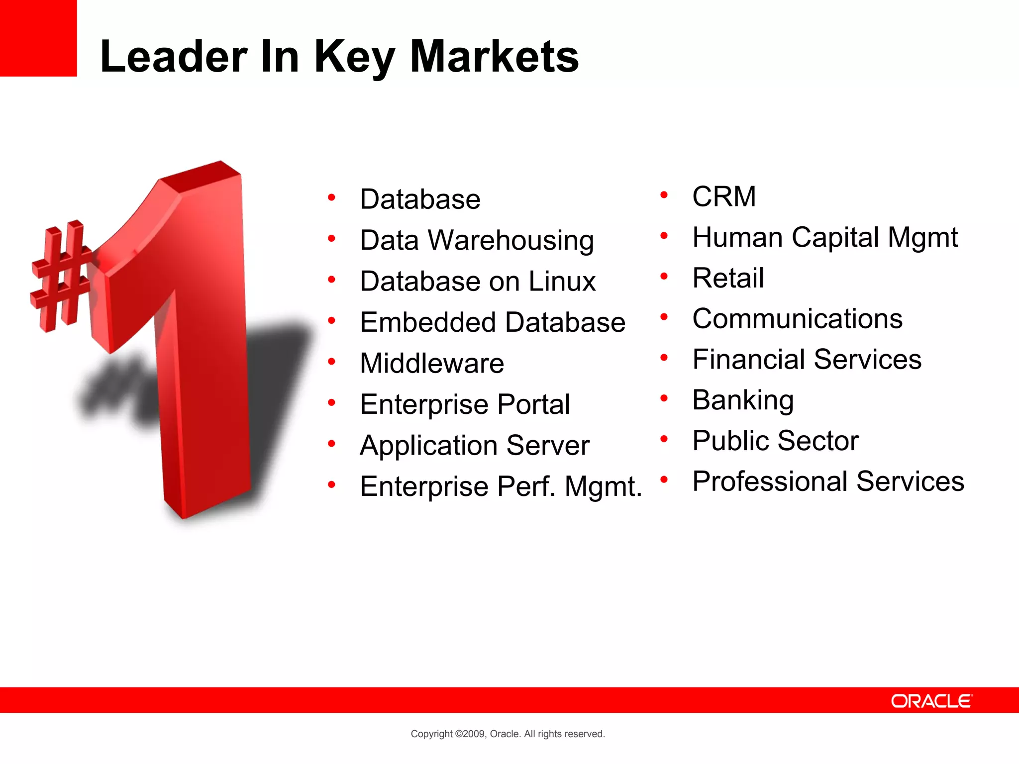 Leader In Key Markets

         •   Database                                           •   CRM
         •   Data Warehousing                                   •   Human Capital Mgmt
         •   Database on Linux                                  •   Retail
         •   Embedded Database                                  •   Communications
         •   Middleware                                         •   Financial Services
         •   Enterprise Portal                                  •   Banking
         •   Application Server                                 •   Public Sector
         •   Enterprise Perf. Mgmt.                             •   Professional Services




                Copyright ©2009, Oracle. All rights reserved.
 