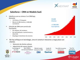 Salesforce – CRM en Modelo SaaS <ul><li>Salesforce.com es número 1 en CRM bajo demanda </li></ul><ul><ul><li>110 Países y ...