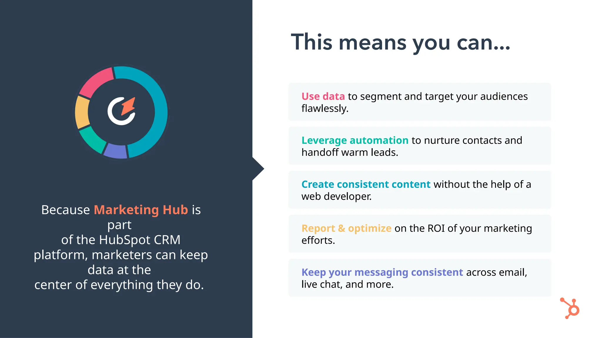 Because Marketing Hub is
part
of the HubSpot CRM
platform, marketers can keep
data at the
center of everything they do.
Use data to segment and target your audiences
flawlessly.
Leverage automation to nurture contacts and
handoff warm leads.
Create consistent content without the help of a
web developer.
Report & optimize on the ROI of your marketing
efforts.
Keep your messaging consistent across email,
live chat, and more.
 