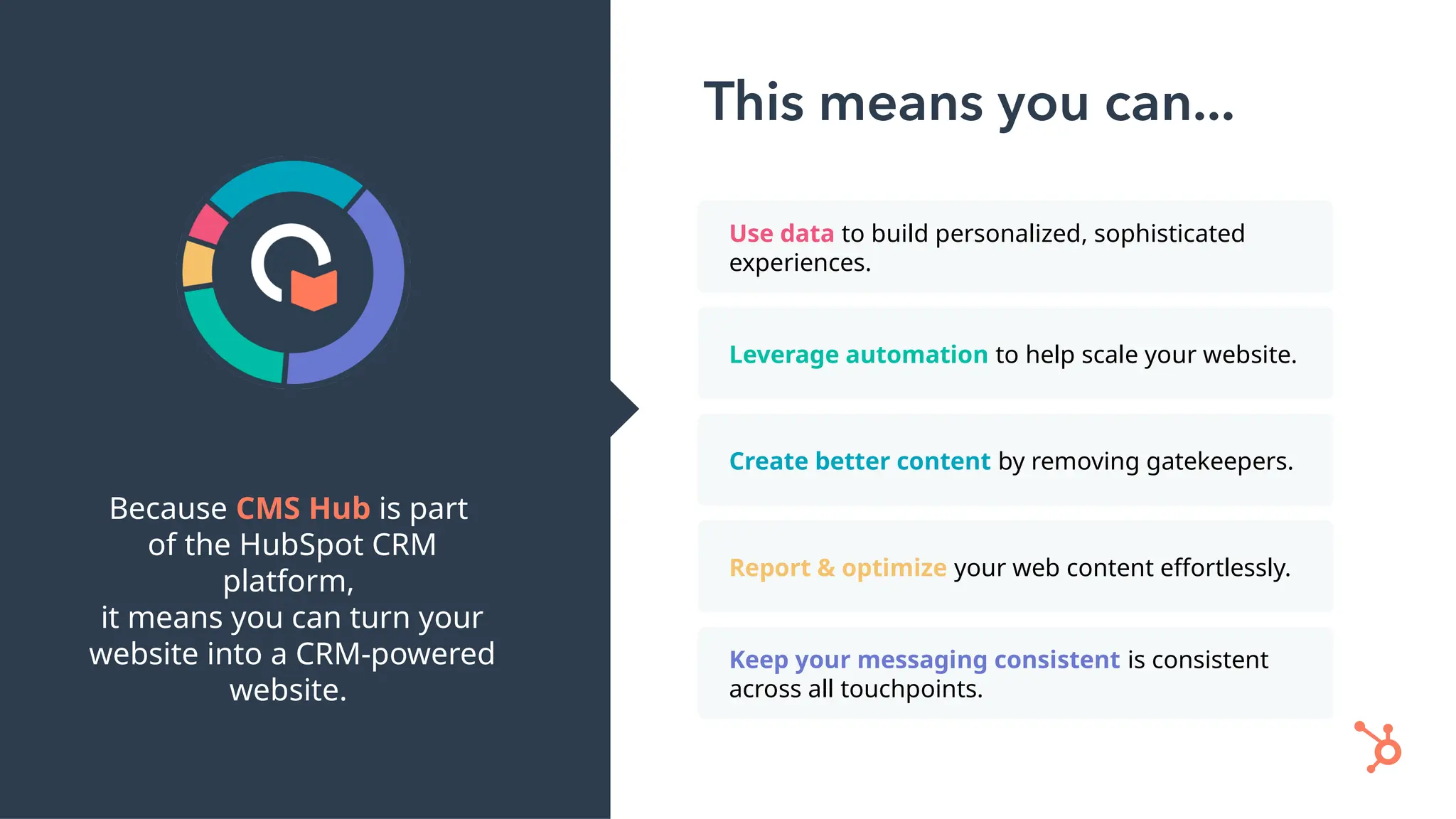 Use data to build personalized, sophisticated
experiences.
Leverage automation to help scale your website.
Create better content by removing gatekeepers.
Report & optimize your web content effortlessly.
Keep your messaging consistent is consistent
across all touchpoints.
Because CMS Hub is part
of the HubSpot CRM
platform,
it means you can turn your
website into a CRM-powered
website.
 
