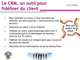 Le CRM, un outil pour
fidéliser du client
 Pour satisfaire un client, il faut connaître ses
attentes, ses particularités = communication inter
services
 Satisfaire un client c’est le fidéliser
 Fidéliser un client coûte beaucoup moins cher à
l’entreprise que d’en développer un nouveau
(environ 6 à 7x moins)
 Fidéliser les clients est indispensable pour conserver
les parts de marché
 Nécessite de les individualiser et de les hiérarchiser
Tous unis
autour du
client
 