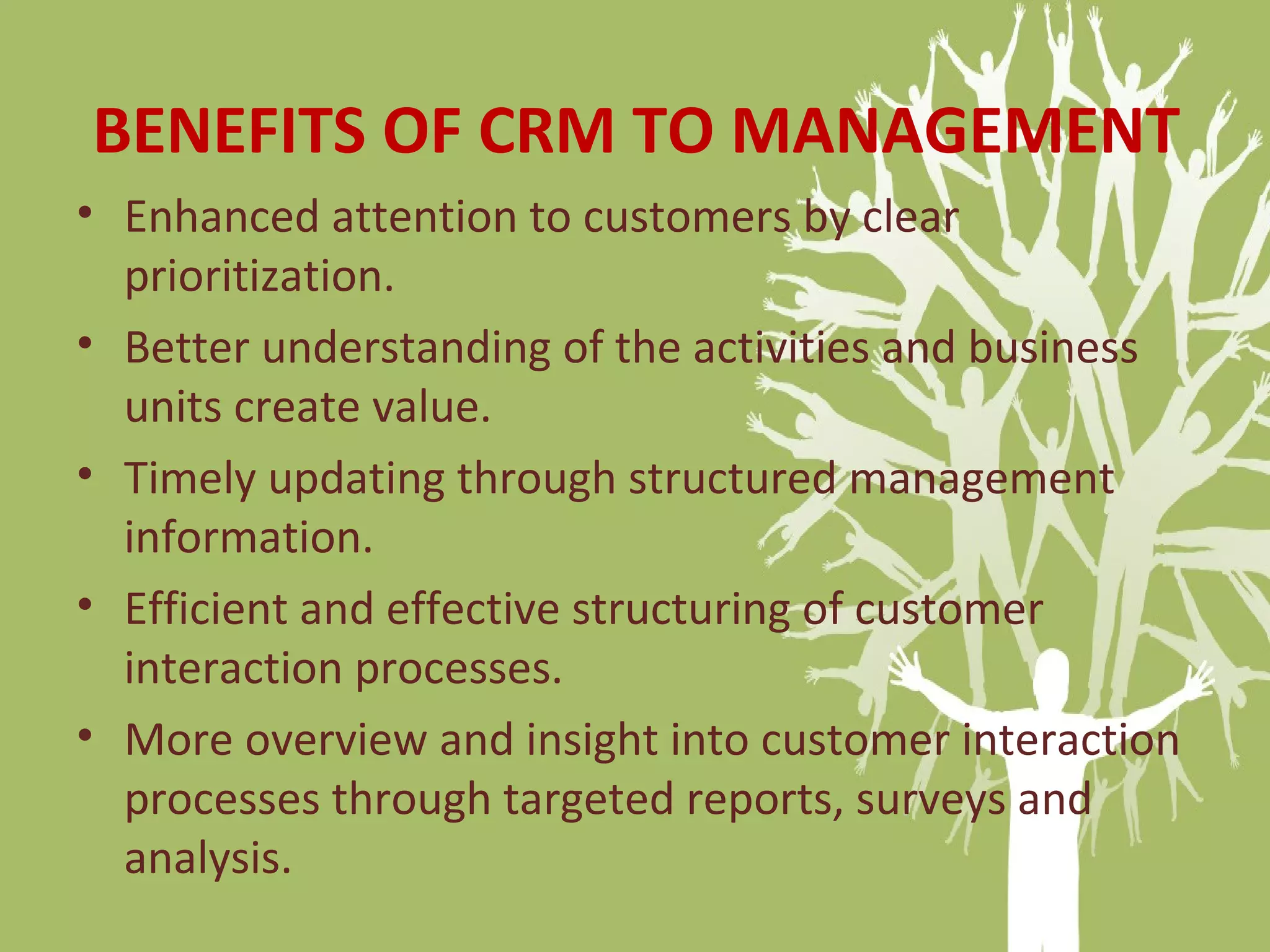 BENEFITS OF CRM TO MANAGEMENT
• Enhanced attention to customers by clear
prioritization.
• Better understanding of the activities and business
units create value.
• Timely updating through structured management
information.
• Efficient and effective structuring of customer
interaction processes.
• More overview and insight into customer interaction
processes through targeted reports, surveys and
analysis.
 