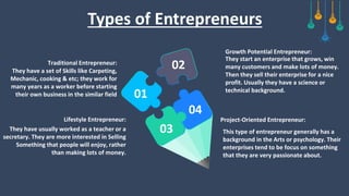 Types of Entrepreneurs
01
02
03
04
Growth Potential Entrepreneur:
They start an enterprise that grows, win
many customers and make lots of money.
Then they sell their enterprise for a nice
profit. Usually they have a science or
technical background.
Project-Oriented Entrepreneur:
This type of entrepreneur generally has a
background in the Arts or psychology. Their
enterprises tend to be focus on something
that they are very passionate about.
Traditional Entrepreneur:
They have a set of Skills like Carpeting,
Mechanic, cooking & etc; they work for
many years as a worker before starting
their own business in the similar field
Lifestyle Entrepreneur:
They have usually worked as a teacher or a
secretary. They are more interested in Selling
Something that people will enjoy, rather
than making lots of money.
 