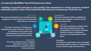  Building a successful enterprise is only possible if the entrepreneur in charge possesses excellent
leadership qualities. Some critical leadership skills that every entrepreneur must have are:
 Leadership Qualities That All Entrepreneurs Need
2
3 4
5
61
This means taking the time to recognize
how others view you. It means
understanding how your presence affects
those around you.
Awareness
This means refreshing or changing your
leadership style when necessary. To do this,
it's important to learn where your
leadership gaps lie and find out what
resources are required to close them.
Reinvention
This means having the ability to highlight all
obstacles and challenges, in order to resolve
issues and reduce risks.
Pragmatism
This means showing both, your strengths and your
weaknesses. It means being human and showing
others that you are human.
Authenticity
This means admitting to mistakes often
and early, and being quick to take
responsibility for your actions. Mistakes
should be viewed as challenges to
overcome, not opportunities to point
blame.
Humility
It is critical for a good leader to be very flexible
and quickly adapt to change. It is equally critical
to know when to adapt and when not to.
Flexibility
 