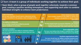  Team: A team is a group of individuals working together to achieve their goal.
 Team Work: when a group of people work together cohesively, towards a common
goal, creating a positive working atmosphere, and supporting each other to combine
individual strengths to enhance team performance.
All the team members should clearly understand and be
equally committed to the purpose, vision and goals of the
team..
Unity of purpose:
Every member should feel entitled to provide
regular feedback on new ideas.
The ability to collaborate
The team should have the ability to anticipate problems
and act on these potential problems before they turn into
real problems.
Visionary members:
Team members should have the ability to express their
concerns, ask questions to convey complex
information.
Great communication skills
The team should consist of proactive individuals. The members
should have the enthusiasm to come up with new ideas,
improve existing ideas, and conduct their own research.
Initiative
The team must believe that change is a positive force. Change
should be seen as the chance to improve and try new things.
Great adaptability skills:
The team should have the ability to develop standard work
processes, balance responsibilities, properly plan projects, and set
in place methods to measure progress and ROI.
Excellent organizational skills:
 