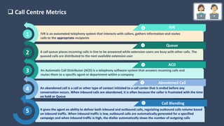 5
Content Here
Content Here
Content Here
It gives the agent an ability to deliver both inbound and outbound calls, regulating outbound calls volume based
on inbound traffic. When inbound traffic is low, outbound calls are automatically generated for a specified
campaign and when inbound traffic is high, the dialler automatically slows the number of outgoing calls
Content here
Content here
Modern PowerPoint Presentation
Call Blending
1
2
3
4
IVR is an automated telephony system that interacts with callers, gathers information and routes
calls to the appropriate recipients
A call queue places incoming calls in line to be answered while extension users are busy with other calls. The
queued calls are distributed to the next available extension user
An Automatic Call Distributor (ACD) is a telephony software system that answers incoming calls and
routes them to a specific agent or department within a company
An abandoned call is a call or other type of contact initiated to a call center that is ended before any
conversation occurs. When inbound calls are abandoned, it is often because the caller is frustrated with the time
on hold or Queue
IVR
Queue
ACD
Abandoned Call
 Call Centre Metrics
 