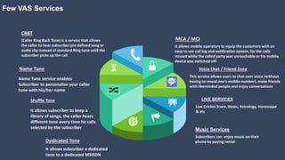 Few VAS Services
It allows mobile operators to equip the customers with an
easy to use call log and notification system, for the calls
missed while the called party was unreachable or his mobile
device was switched-off
MCA / MCI
This service allows users to chat over voice (without
having to reveal one's mobile number), make friends
with likeminded people and enjoy conversations
Voice Chat / Friend Zone
Subscribers can enjoy music on their
phone by paying rental
Music Services
(Caller Ring Back Tone) is a service that allows
the caller to hear subscriber pre defined song or
audio clip instead of standard Ring tone until the
subscriber picks up the call
CRBT
Name Tune service enables
Subscriber to personalize your caller
tune with his/her name
Name Tune
Live Cricket Score, News, Astrology, Horoscope
& etc
LIVE SERVICES
It allows subscriber to keep a
library of songs, the caller hears
different tone every time he calls
selected by the subscriber
Shuffle Tone
It allows subscriber a dedicated
tone to a dedicated MSISDN
Dedicated Tone
 