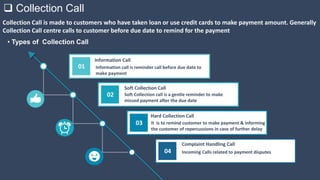  Collection Call
Information call is reminder call before due date to
make payment
Information Call
01
Soft Collection call is a gentle reminder to make
missed payment after the due date
Soft Collection Call
02
Incoming Calls related to payment disputes
Complaint Handling Call
04
It is to remind customer to make payment & informing
the customer of repercussions in case of further delay
Hard Collection Call
03
Collection Call is made to customers who have taken loan or use credit cards to make payment amount. Generally
Collection Call centre calls to customer before due date to remind for the payment
• Types of Collection Call
 