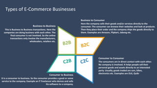 Types of E-Commerce Businesses
Here the company sells their goods and/or services directly to the
consumer. The consumer can browse their websites and look at products.
Then they place their order and the company ships the goods directly to
them. Examples are Amazon, Flipkart, Jabong etc.
Business to Consumer
The consumers are in direct contact with each other.
No company is involved. It helps people sell their
personal goods and assets directly to an interested
party. Usually, goods traded are cars, bikes,
electronics etc. Examples are OLX, Quikr
Consumer to Consumer
This is Business to Business transactions. Here the
companies are doing business with each other. The
final consumer is not involved. So the online
transactions only involve the manufacturers,
wholesalers, retailers etc.
Business-to-Business
It is a consumer to business. So the consumer provides a good or some
service to the company. Example an IT freelancer who demos and sells
his software to a company.
Consumer to Business
02
 