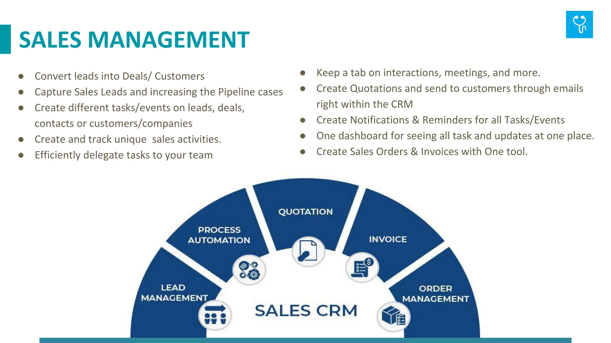 ● Convert leads into Deals/ Customers
● Capture Sales Leads and increasing the Pipeline cases
● Create different tasks/events on leads, deals,
contacts or customers/companies
● Create and track unique sales activities.
● Efficiently delegate tasks to your team
● Keep a tab on interactions, meetings, and more.
● Create Quotations and send to customers through emails
right within the CRM
● Create Notifications & Reminders for all Tasks/Events
● One dashboard for seeing all task and updates at one place.
● Create Sales Orders & Invoices with One tool.
SALES MANAGEMENT
 