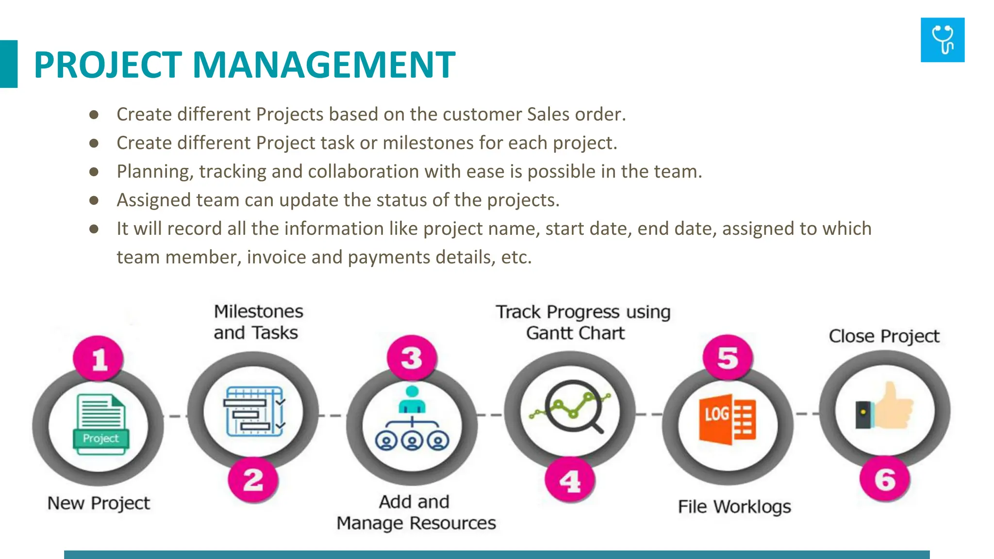 ● Create different Projects based on the customer Sales order.
● Create different Project task or milestones for each project.
● Planning, tracking and collaboration with ease is possible in the team.
● Assigned team can update the status of the projects.
● It will record all the information like project name, start date, end date, assigned to which
team member, invoice and payments details, etc.
PROJECT MANAGEMENT
 