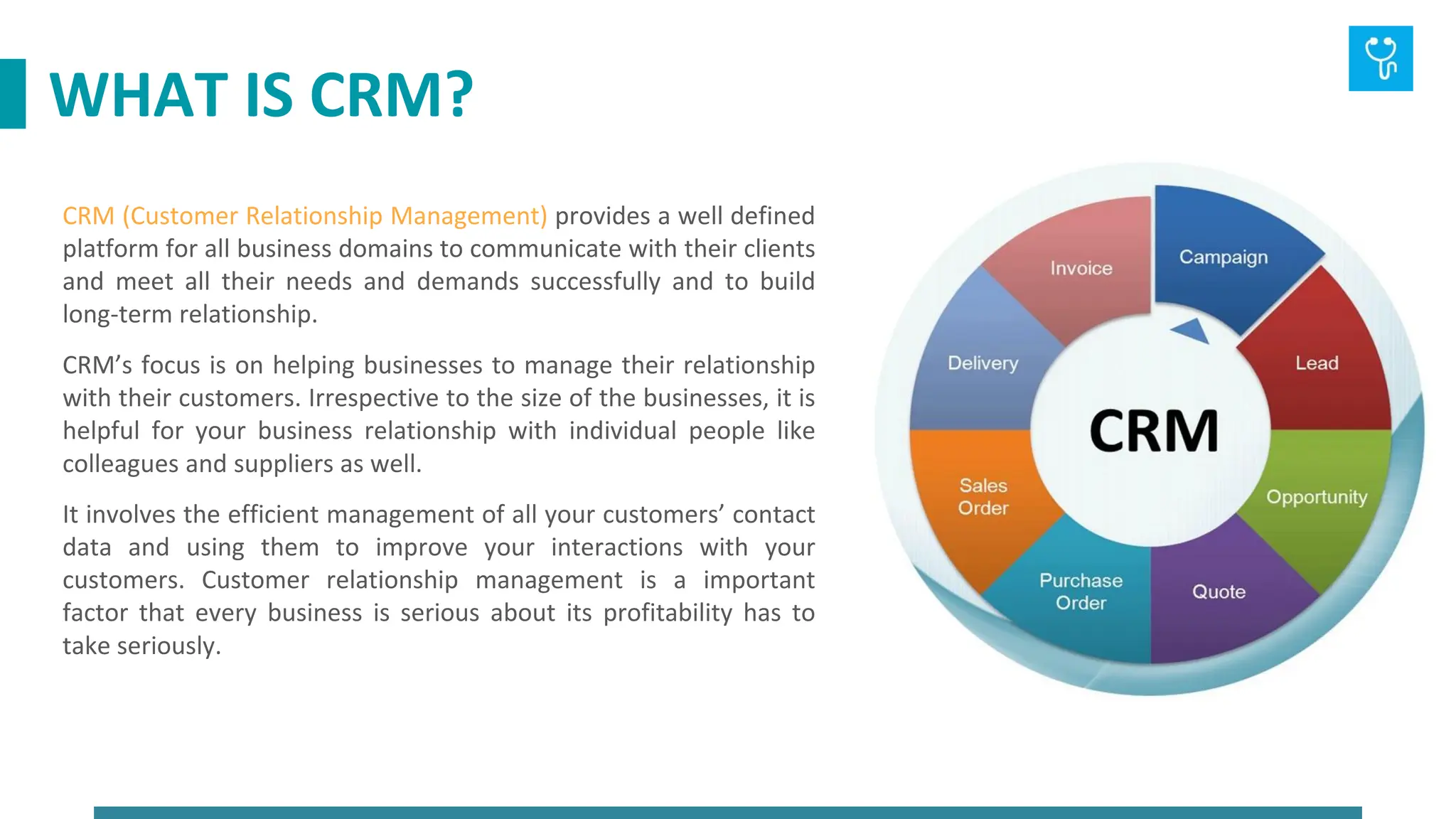 CRM (Customer Relationship Management) provides a well defined
platform for all business domains to communicate with their clients
and meet all their needs and demands successfully and to build
long-term relationship.
CRM’s focus is on helping businesses to manage their relationship
with their customers. Irrespective to the size of the businesses, it is
helpful for your business relationship with individual people like
colleagues and suppliers as well.
It involves the efficient management of all your customers’ contact
data and using them to improve your interactions with your
customers. Customer relationship management is a important
factor that every business is serious about its profitability has to
take seriously.
WHAT IS CRM?
 
