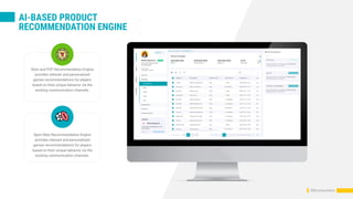 AI-BASED PRODUCT
RECOMMENDATION ENGINE
company presentation
Slots and P2P Recommendation Engine
provides relevant and personalized
games recommendations for players
based on their unique behavior via the
existing communication channels.
Sport Bets Recommendation Engine
provides relevant and personalized
games recommendations for players
based on their unique behavior via the
existing communication channels.
CRM presentation
 